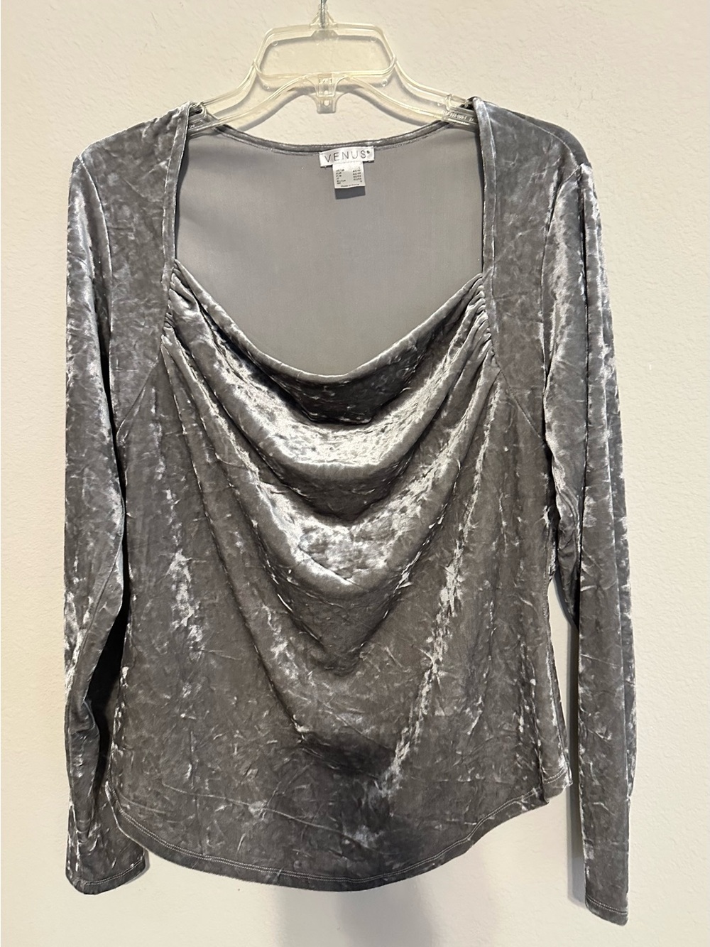 VENUS Silver Crushed Velvet Cowl Neck Long Sleeve Top